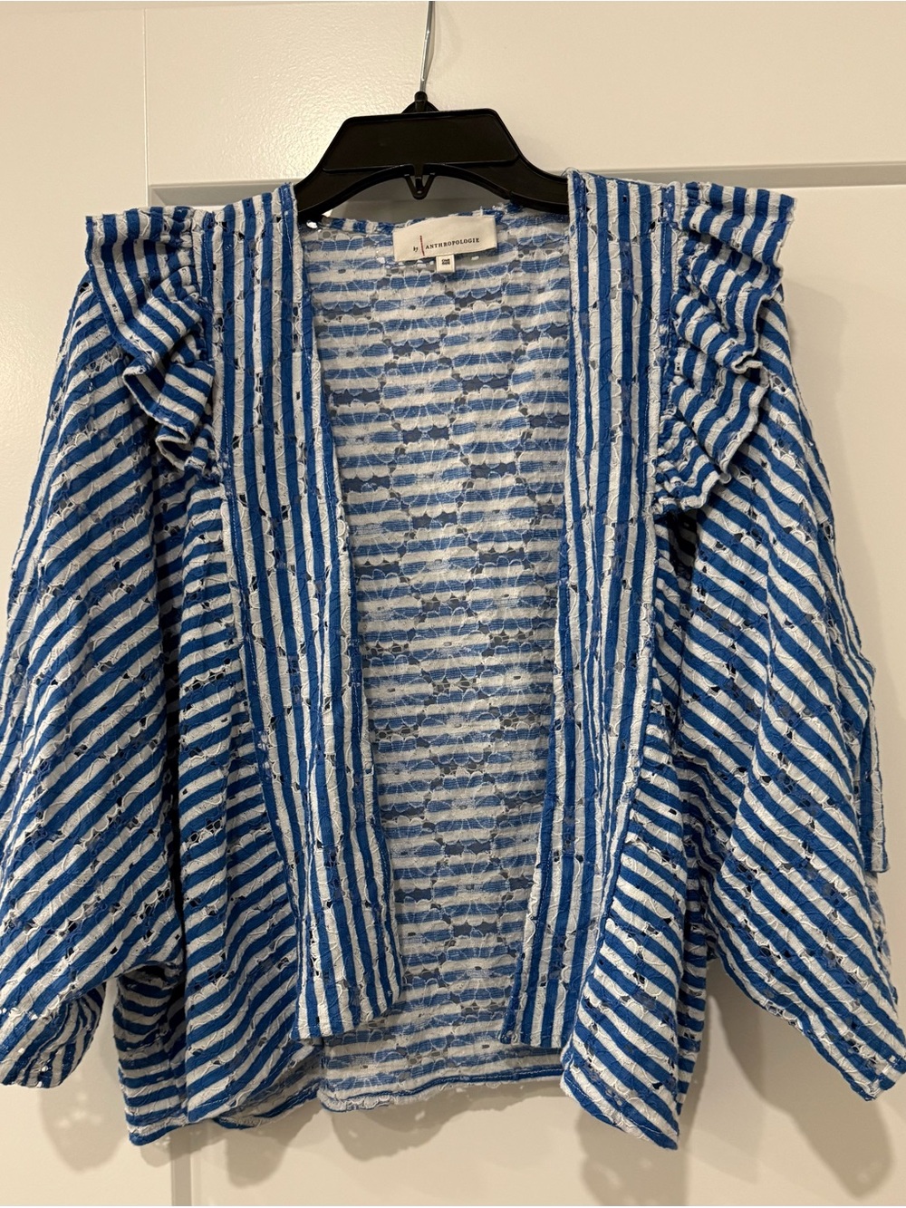 Anthropologie Blue and White Striped Open-Knit Cardigan